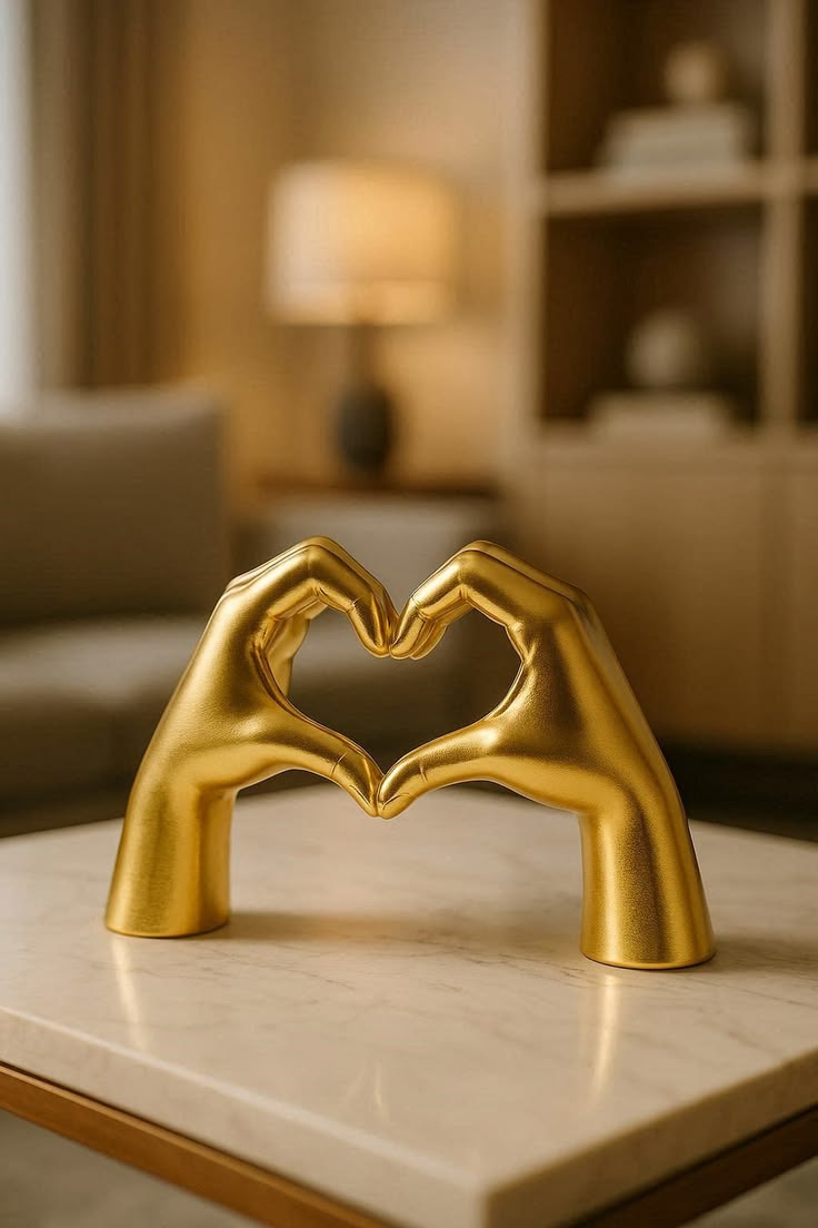Gold Resin Heart Hands Sculpture for Home Tabletop Ornaments (25x15cm)