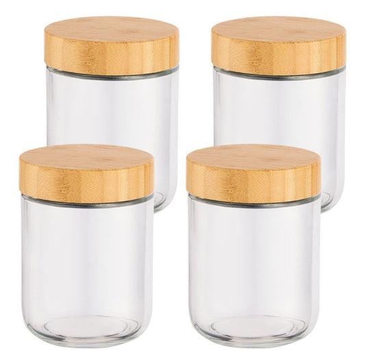 4 Piece Overnight Oat Jars Airtight Container Bamboo Lid Glass Food Storage 470ml